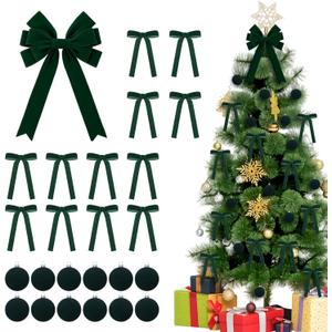 25 Pcs Dark Green Velvet Tree Topper Christmas Ornaments Include Large Christmas Bows Tree Topper 12 Xmas Velvet Balls 12 Green Bows for Xmas Holiday Door Fireplace Wall Party Decor
