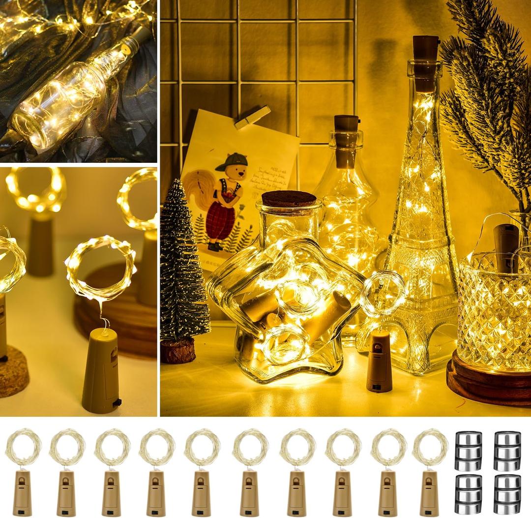 Wine Bottle Lights with Cork, 10 Pack Mini Fairy String Lights Battery Operated with 12 Replacement Batteries, Party Decoration for Wedding Christmas Halloween Bar Mason Jar - Warm White