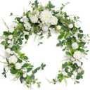 Ling's Moment Flower Garland - 6FT Eucalyptus & Rose - Sweetheart Table Decor for Wedding Reception, Artificial Floral Garland for Mantle, Spring, Christmas Decoration, White & Lily