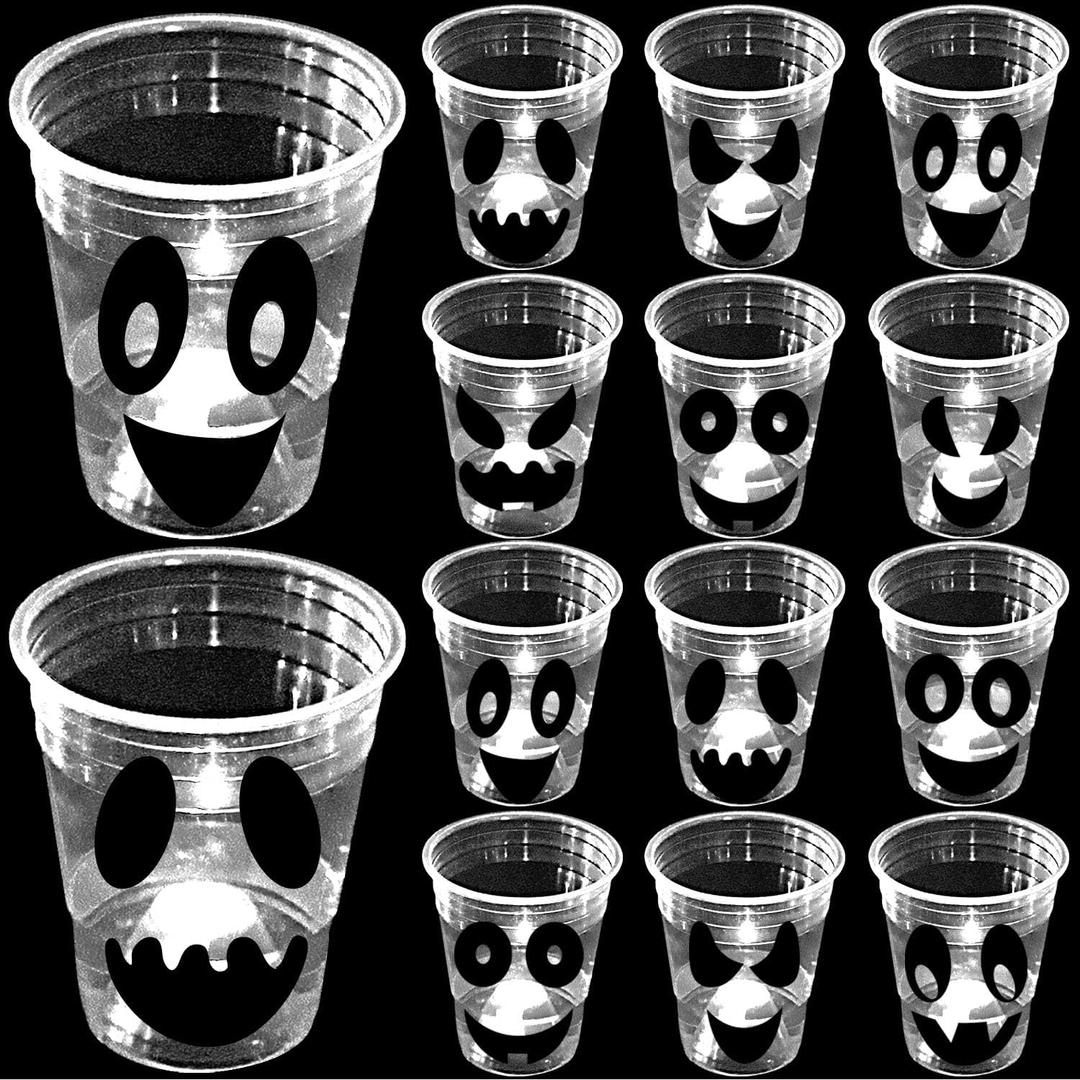 mishunyus 24 Pack Glow Halloween Ghost Cups Party Supplies, for Night Daytime, White Ghosts Face Party Cup, Holiday Spooky Trick or Treat Design (16 oz)