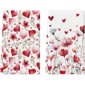 Artoid Mode Leaves Poppy Floral Love Heart Valentine's Kitchen Towels Dish Towels, 18x26 Inch Anniversary Wedding Decoration Cleaning Set of 2
