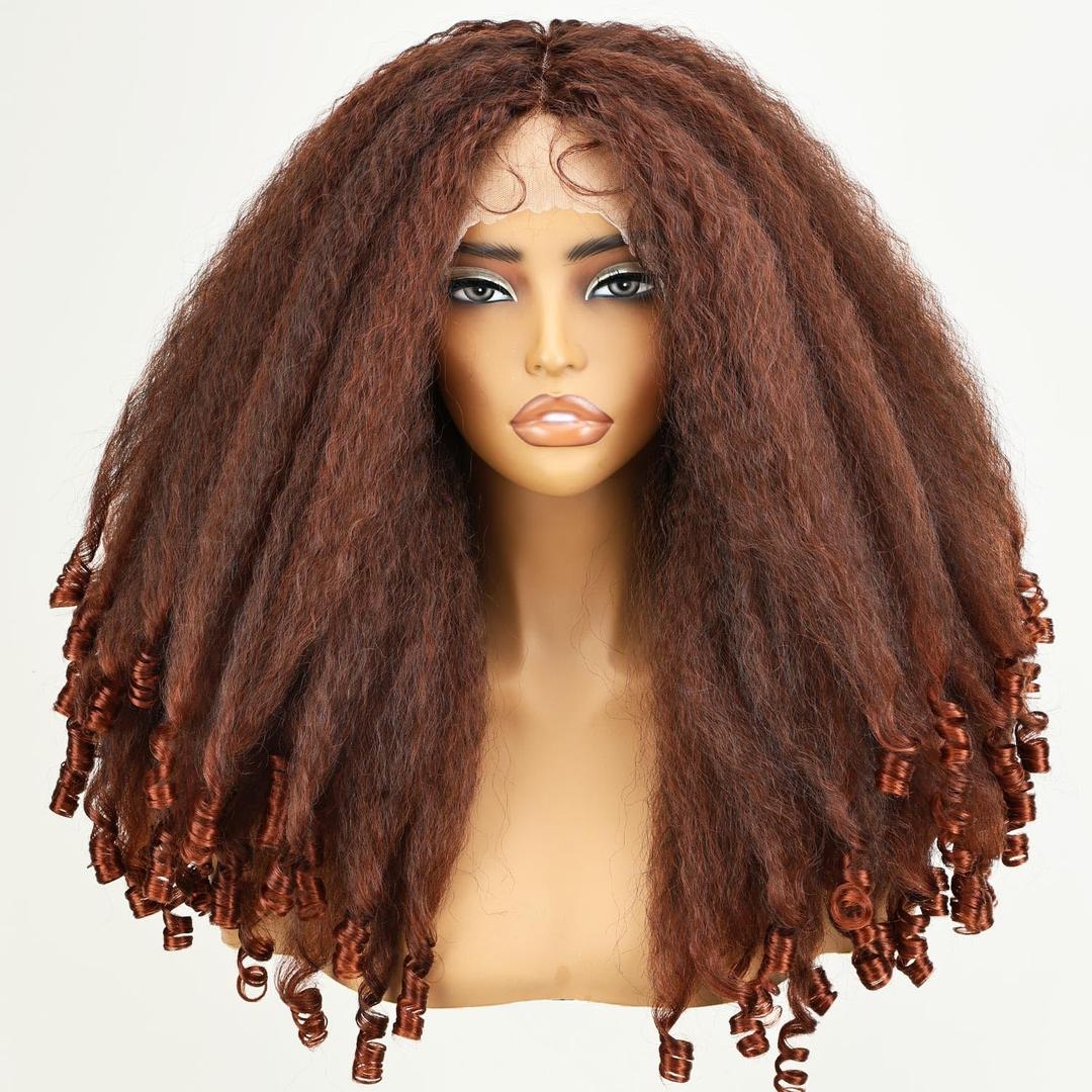 SOKU Afro Curly Lace Front Wig Synthetic Copper Red T Part 20 Inch Crimp to Curl Kinky Straight with Curly Ends Pre-plucked with Baby Hair Transparent Swiss Lace Yaki Texture Ginger Wigs for Women