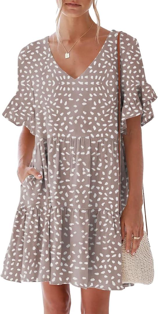 nclook Womens Summer Casual Dress Sweet Cute V Neck Mini Dress with Pocket (X-Large, Khaki Print)