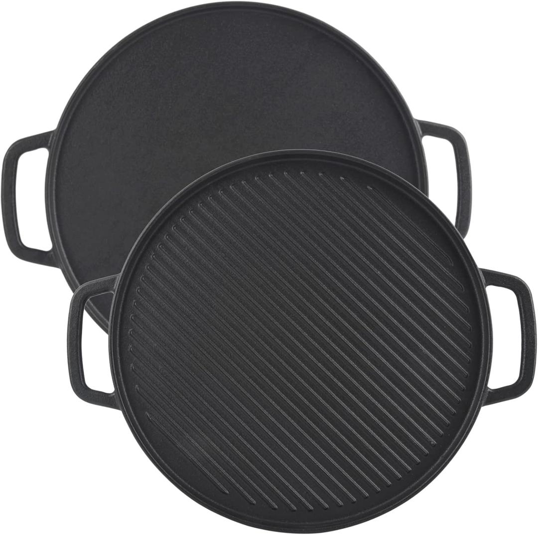 GasSaf Cast Iron Reversible Griddle with Handles, 12" Heavy Duty Double Sided Grill Pan Perfect for Stove Tops and Gas Grills