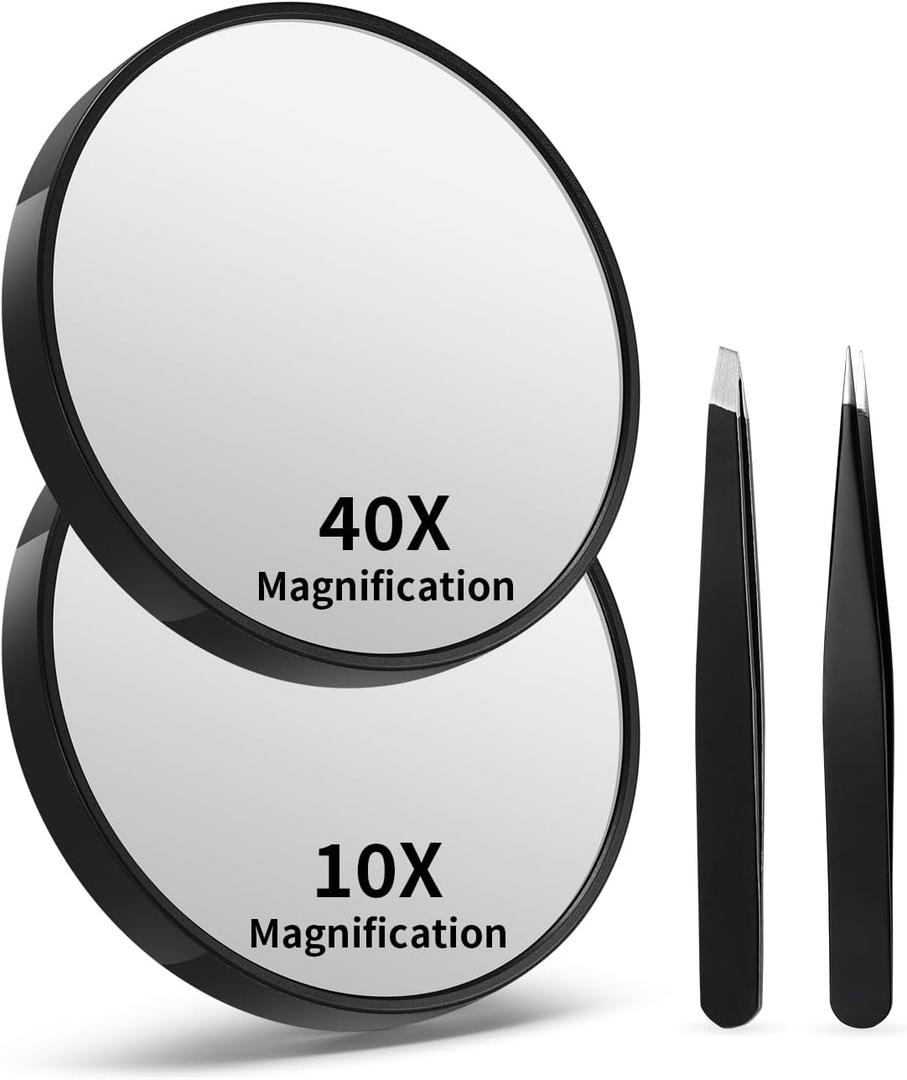 10X&40X Magnifying Mirrors with Suction Cups and 2 Tweezers Set3.5 inches Magnified Makeup Mirror, Black, 2PCS