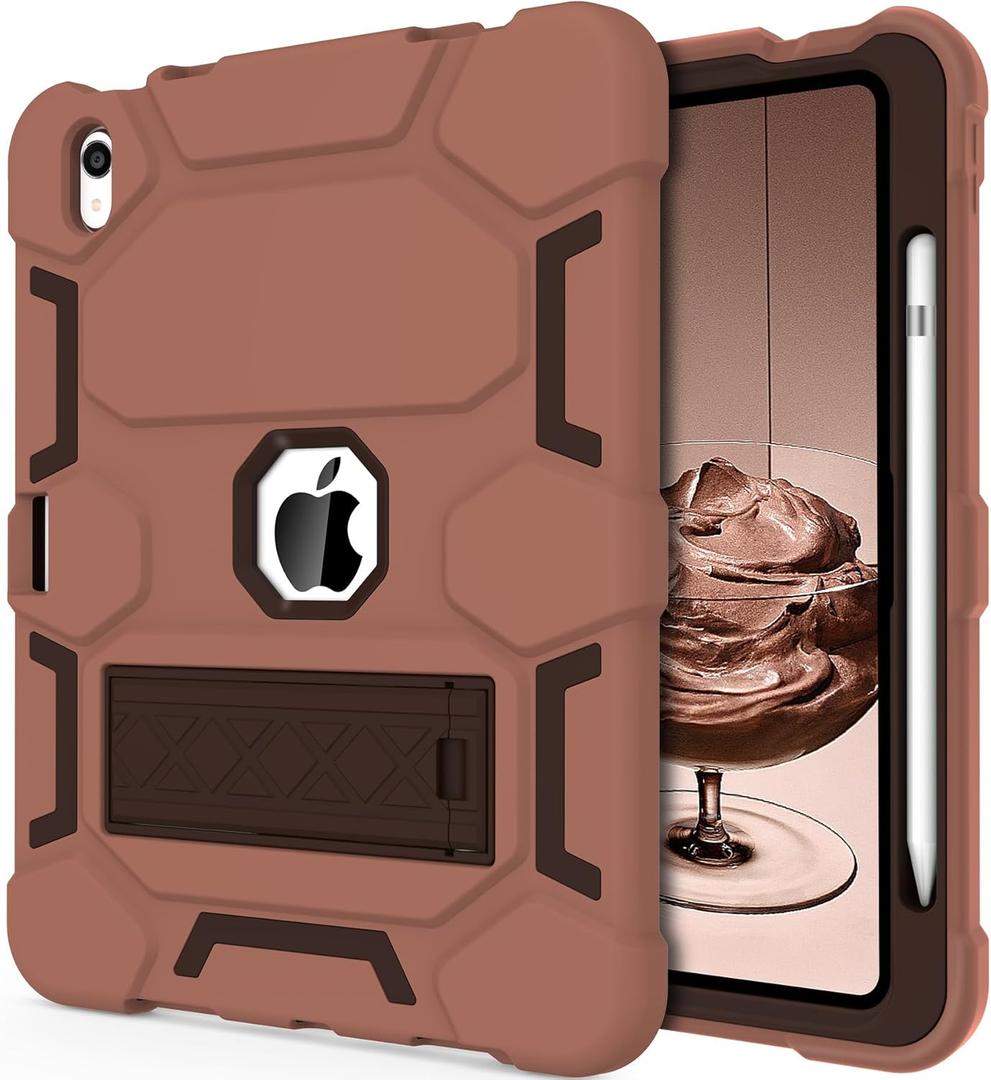 CCMAO Case for iPad (A16) 11th/10th Generation(2025/2022), iPad 10th Case with Kickstand & Pencil Holder, Heavy Duty Shockproof Hybrid Three Layer Protective Cover for Women, Light+Dark Coffee