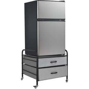 Mini Fridge Stand, Fridge Stand with Storage, 2 Drawer Fridge Cart, Organizer Unit for Mini Fridge, Fridge Stand with Metal Frame and Fabric Drawers, Mini Fridge Table with 4 Swivel Wheels (Grey)