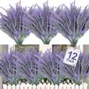 TURNMEON 12 Bundles Artificial Lavender Flowers Fake Flowers Artificial Plants Outdoor UV Resistant Flocked Faux Plastic Shrubs Wedding Bouquet Window Box Table Home Spring Summer Decor(Gray Purple)