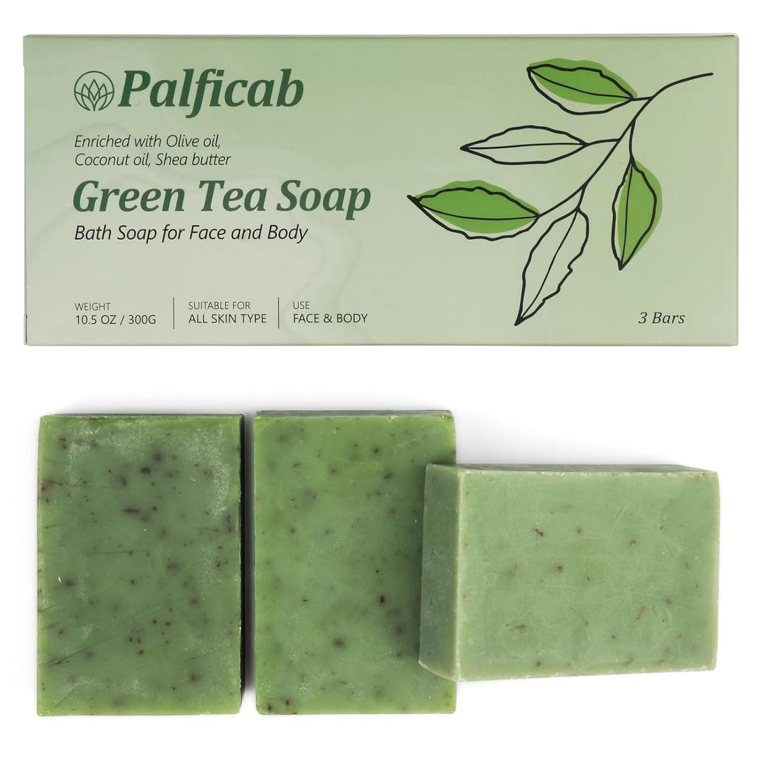Green Tea Soap, Moisturizing Bath Soap Bars, Cruelty-Free, Gentle Exfoliating for Hydrating & Nourishing Skin with Green Tea Leaves, Coconut Oil, Shea Butter, Gifts for Women Men, 3 Bars (3.5 Ounce (Pack of 3), Purple Soap Bubble Net)