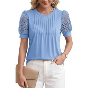 LUXVEER Women's Dressy Casual Blouses Puff Short Sleeve Lace Pleated Tops Business Work Shirts 2026 Trendy Summer T Shirt (Blue, S)
