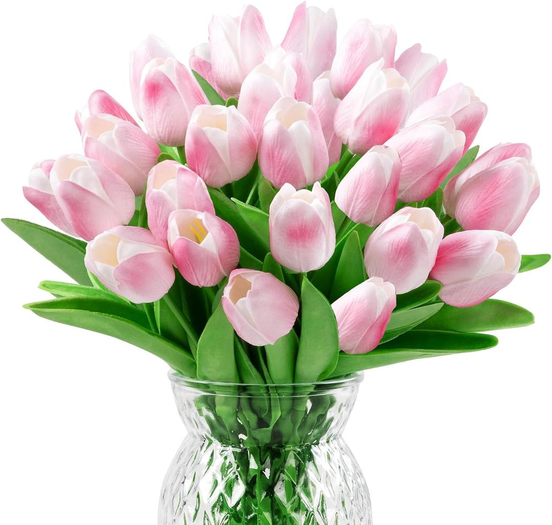 U'Artlines 30Pcs Fake Tulips Artificial Flowers with Stems Faux Tulips Bouquet Real Touch Flower for Wedding Home Kitchen Spring Easter Mother's Day Floral Arrangement Decor (Light Pink)