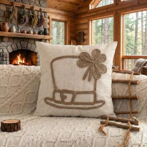 Rustic St Patricks Day Throw Pillow Cover with Embroidered Jute Twine Leprechaun Hat Design, Neutral Brown Clover Pillow Case for Farmhouse Couch Sofa, 18x18 inches, 1PCS