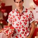 Men's Valentines Day Button Down Shirt, Heart Print Hawaiian Shirts Short Sleeve Causal Top Tropical Summer Beach (M)