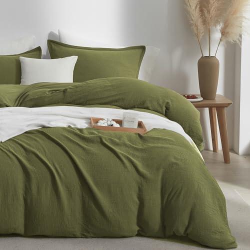 Bailix Muslin Duvet Cover Set Queen Size, 100% Washed Cotton Gauze Duvet Cover for All Seasons, Linen Like, 3 PCS, 1 Fluffy Duvet Cover(90"x90") with 2 Pillow Shams(20"x26"), Green