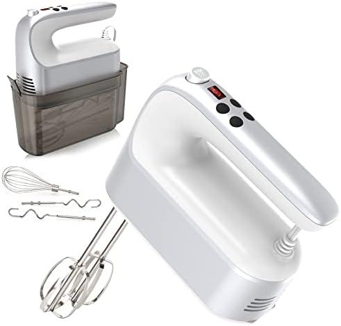 Yomelo 9-Speed Digital Hand Mixer Electric, 400W Powerful DC Motor, Baking Mixer Handheld with Snap-On Storage Case, 5 Stainless Steel Accessories, Flat Beaters, Dough Hooks, Whisk (Silvery & White)