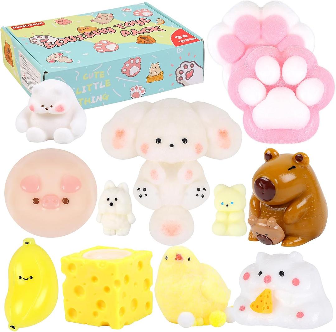 Taba Squishy Toys Kit 12 Pcs, Fufu Squishy Pack Include Taba Squishy Paw, Hamster, Chick, Dog, Pig, Banana, Bear, Capybara, Squishies for Kids, Sensory Toys for Boys and Girls