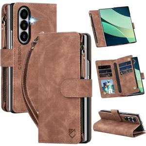 for Samsung Galaxy-Z-Fold-7 Wallet Case: with RFID Blocking Card Slots (6 Cards) & Hidden S Pen Holder | Soft PU Leather Magnetic Snap Zipper Wrist Strap Protective Phone Cover - Brown