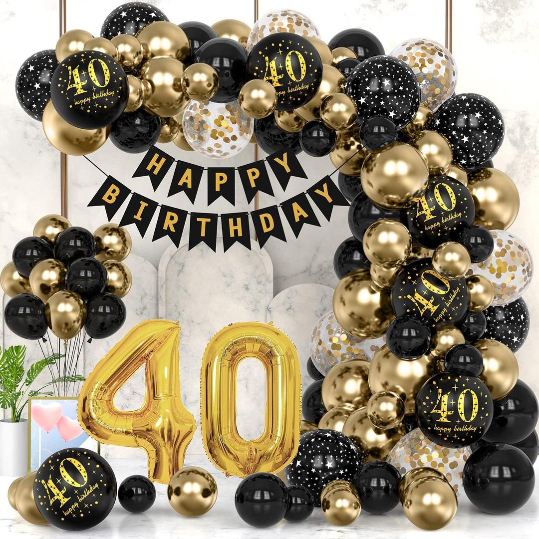 40th Black Gold Party Decoration Balloon Sets 40 Inch Gold Giant Number balloons with Birthday Banner Black Gold balloon Arch Garland for Women Men Girls Boys Birthday Decor(40th)