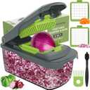 Ourokhome Vegetable Chopper Cutter with Container, Manual Hand Food Veggie Dicer with 2 Chopping Blades for Potato Strips, Onion Cubers, Carrot Sticks, Essential Kitchen Gadgets (2 in 1, Gray) (2 blades, Green)