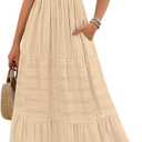 MEROKEETY Women's Summer Boho Maxi Dress Beach Vacation Casual Smocked A Line Sundress with Pockets, L