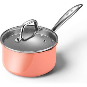 Nonstick Ceramic Saucepan 2.5 Qt,Sauce Pot with Strainer Lid,Two Side Spouts for Easy Pour with Ergonomic Handle,Non Toxic,PTFE &PFOA Free - Oven Safe Compatible with All Stovetops,Perracotta