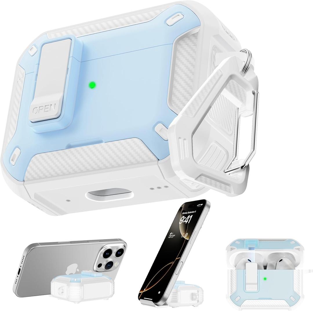 RFUNGUANGO AirPods Pro 3 Case, Compatible with Apple AirPods Pro 3rd Generation(2025) Protective Case with Phone Holder & Cleaning Kit, Magnetic Automatic Lock, Compatible with Magsafe, Light Blue