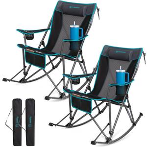 FUNDANGO Oversized Rocking Camping Chair for Adults, 2 Pack Portable Folding Lawn Chairs for Outside with Pillows, Wide Armrest, 2 Cup Holders, Carry Bag for Patio Garden Outdoor Supports 400Lbs, 32.3 inches x 40.6 inches x 38.2 inches