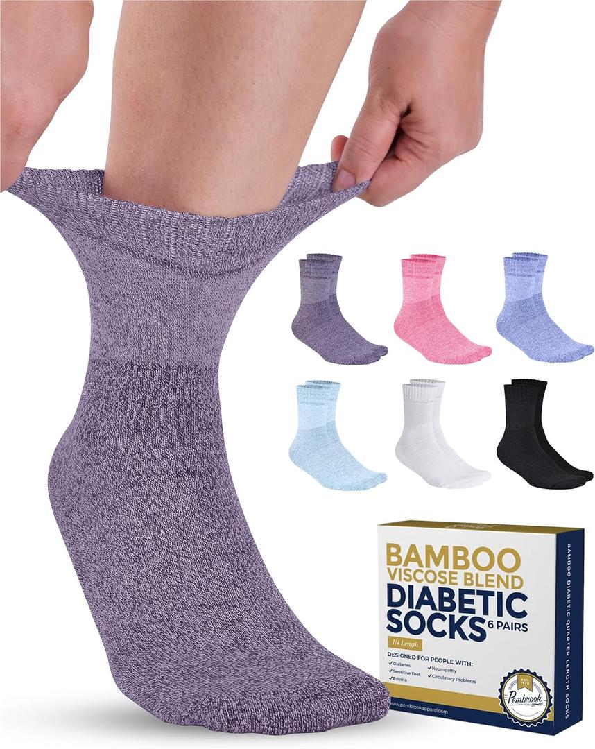 Pembrook Bamboo Viscose Diabetic Socks for Women & Men - 6 Pairs Ankle Socks for Swollen Feet | Neuropathy Socks | Edema Neuropathy Socks for Women | Diabetic Socks Women 9-12 (Medium, Bright Colors Pack - 6 Pairs)