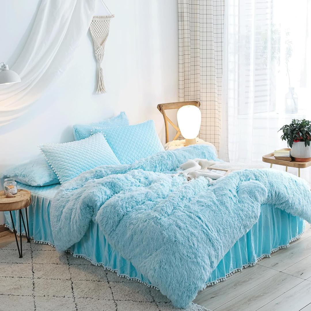Blue Fluffy Comforter Cover Set - Faux Fur Light Blue Twin Bed Comforter Cover Set 1 Pieces (1 Plush Duvet Cover) Girls Bedding Sets, Solid Color (Blue, Twin)