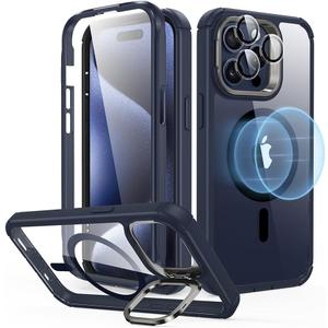 ESR for iPhone 15 Pro Max Case with Stand, Compatible with MagSafe, Full-Body Military-Grade Drop Proof Case with Built-in 9H+ Tempered Glass Screen Protector, Armor Series, Clear Dark Blue