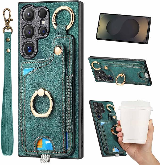 JanCalm for Samsung Galaxy S25 Plus Case,Phone Card Holder Ring Stand,RFID Blocking Wallet,Wrist Strap,Leather Shockproof Protective Magnetic Flip Cases Cover (Green)