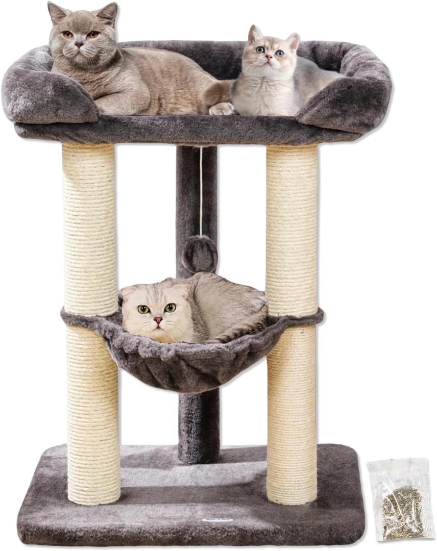 Happi N Pets 28" Cat Tree Tower for Indoor Cats, Tall Cat Scratching Post with Large Bed for Maine Coon Big Cats, Sisal Cat Scratcher with Soft Perch & Hammock, Stable Cat Stand, Removable Cover-Gray