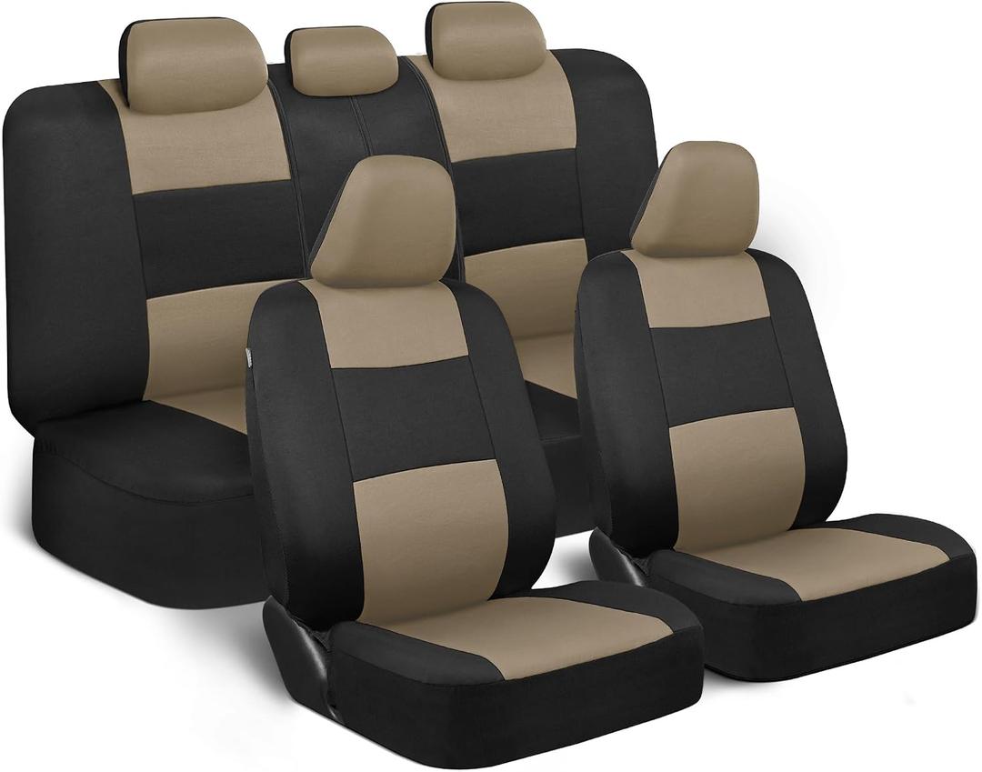 BDK PolyPro Seat Covers Full Set in Beige on Black Front and Rear Split Bench Seat Covers for Cars, Easy to Install , Car Accessories for Auto Trucks Van SUV