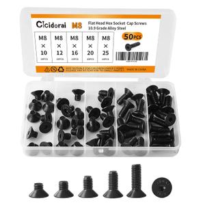 M8 x 10mm 12mm 16mm 20mm 25mm Flat Head Hex Socket Cap Screws Countersunk Bolts, 10.9 Grade Alloy Steel, Black Oxide Finish, Fully Threaded, Metric Allen Hex Drive, Assortment Kit 50Pcs