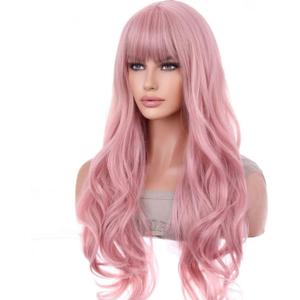 Pink Wig Long Wavy Wig with Bangs Synthetic Wigs Long Pink Wigs for Daily Party with Hairnet