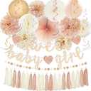 Champagne-Gold Beige Fall Boho Baby Shower Party Decorations - Sweet Baby Girl Banner, Peach White Paper Lanterns, Streamers, Tissue Pom Poms, Blush Beige Boho Paper Tassel, Rustic Backdrop Decor