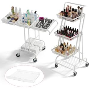Werhoo 90 to 180 Adjustable Makeup Organizer Cart (Detachable Tabletop) with Drawers-4 Tier, Metal Beauty Cart with Enlarged Wheel Move to Bedroom, Bathroom and Living Room for Flexible Makeup