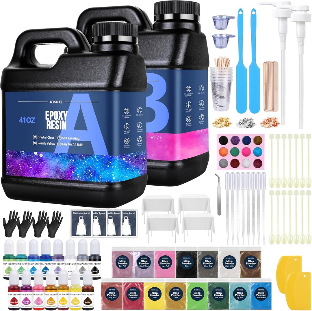 KISREL Epoxy Resin 82oz - Clear Epoxy Resin Kit with 15 Pigments and 15 Colors of Mica Powders - No Yellowing No Bubble Casting Resina for Art Crafts, Jewelry Making, Wood & Resina Molds(41oz x 2)