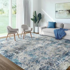 10x12 Area Rug for Living Room - Washable Abstract Rus Modern Neutral Soft Rug for Bedroom Dining Room No Slip Low Pile Carpet for Nursery Home Office - Grey/Blue