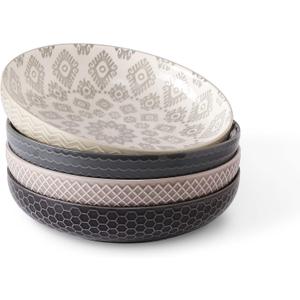 Signature Housewares 36 OZ Shallow Dinner Bowls/Deep Plates Perfect for Spaghetti and Salads - Set of 4 - Large Ceramic Bowls - Colorful Pasta Bowls - Set of 4, Multi-tone Neutral
