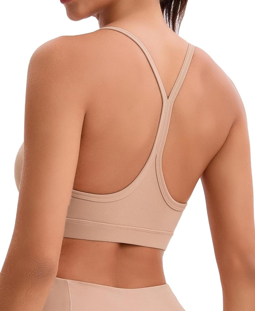 Women's Sports Bras Y Back Racerback Removable Padded Strap Yoga Bras Low Impact Workout Top (Large, Khaki)