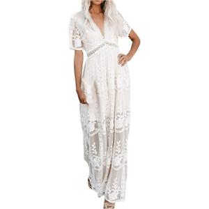 Women's Sexy Deep V Neck Half Sleeve Floral Lace Wedding Dress Bridesmaid Cocktail Party Maxi Dress Tunic Dress, (S)