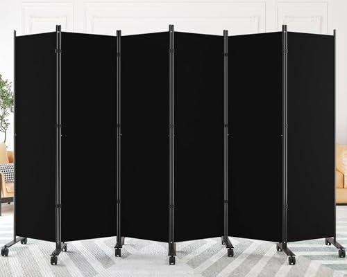 SUNALLY Room Divider Privacy Screens, 6 Panels Dividers with Wheels, Black | 132" W Room Separator for Space Partition with Lockable Wheels, 6FT Folding Fabric Wall Dividers for Home Dorm Studio Office