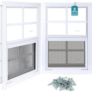 Melkus 2 Pack Shed Windows, 12"x18" Flush Mount Chicken Coop Windows with Thicker Tempered Glass and Screen, Sliding Windows for Chicken Coop, Shed, Garage, Playhouse, Barn, Greenhouse, White