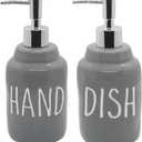 Ceramic Soap Dispenser Bottles, Engraved Hand & Dish Labels, Eco-Friendly Design for Kitchen Sink, Bathroom Countertop, Modern Farmhouse Decor (2-Pack,16 Oz, Gray)
