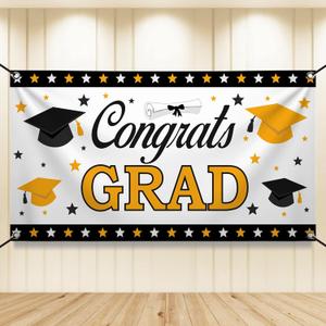 KatchOn, XtraLarge Congrats Grad Banner - 72x44 Inch | White, Black and Gold Graduation Banner | Congratulations Wall Poster | Grad Backdrop For Graduation Decorations 2026