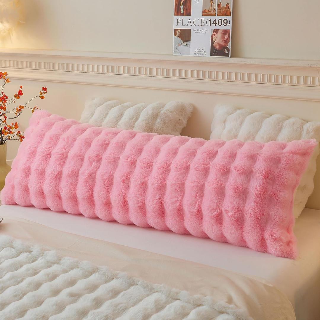LIFEREVO Fluffy Faux Rabbit Fur Body Pillow Cover, Soft Cute Bubble Waffle Shaggy Plush Bed Body Pillowcase with Zipper Closure, Long 20"x54" Fuzzy Furry Pillow Case for Pregnancy Side Sleeper, Pink