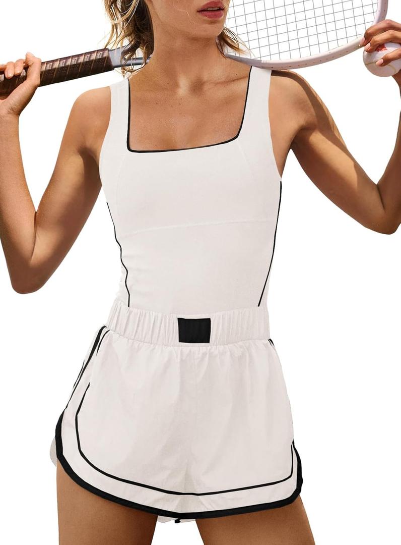 Yanekop Womens Athletic Romper Sleeveless Workout Jumpsuits Exercise Active Rompers One Piece Outfits Gym Yoga Clothes (Small, White)