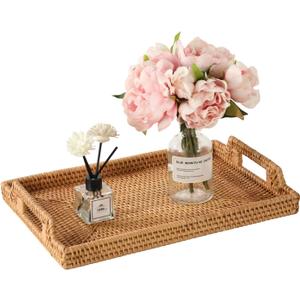 14.5'' Rattan Serving Tray Rectangle with Handles, Vintage Wicker Tray for Decor, Boho Seagrass Coffee Table Basket, Hand Woven Decorative Table Tray for Kitchen, Breakfast, Bathroom, Outdoor