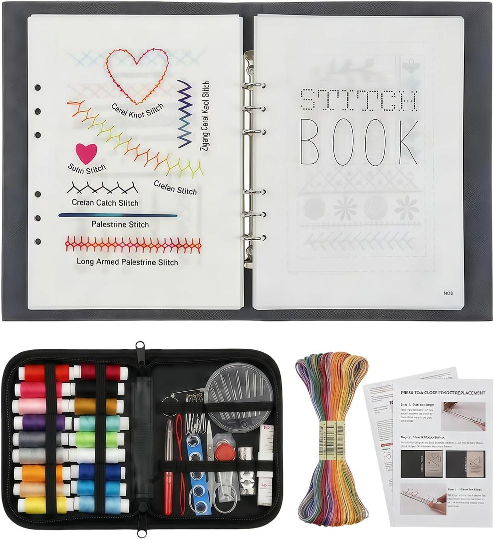 Detachable Embroidery Stitch Book & Tool Kit for Adults, 120 Patterns Guide with 86-Piece Sewing Set, Portable DIY Craft Starter Kit for Beginners, Detailed Tutorials Included for DIY Enthusiasts